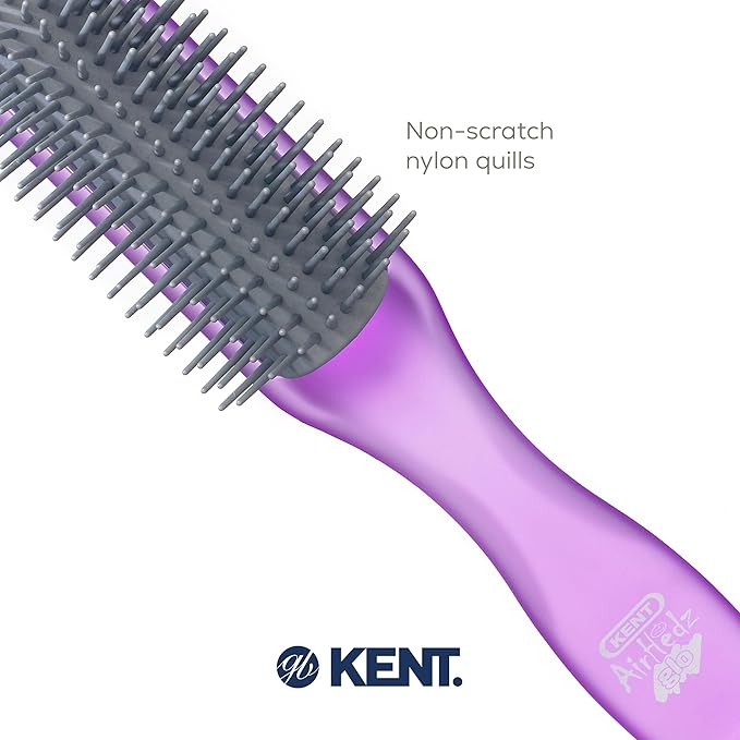 Kent AHGLO01 Airhedz Glo Purple Half Round Narrow Detangling Hair Brush - 9 Row Ionic Anti Static Non Scratch Long Nylon Bristle Great for Detangling and Smoothing Medium to Long Length Hair