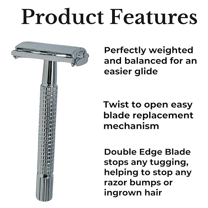 GENTS Long Handle Classic Double Edge Safety Razor - Butterfly Open Razor 10 Stainless Steel Double Edge Blade Refills - Close, Clean Shaving Razor for Men