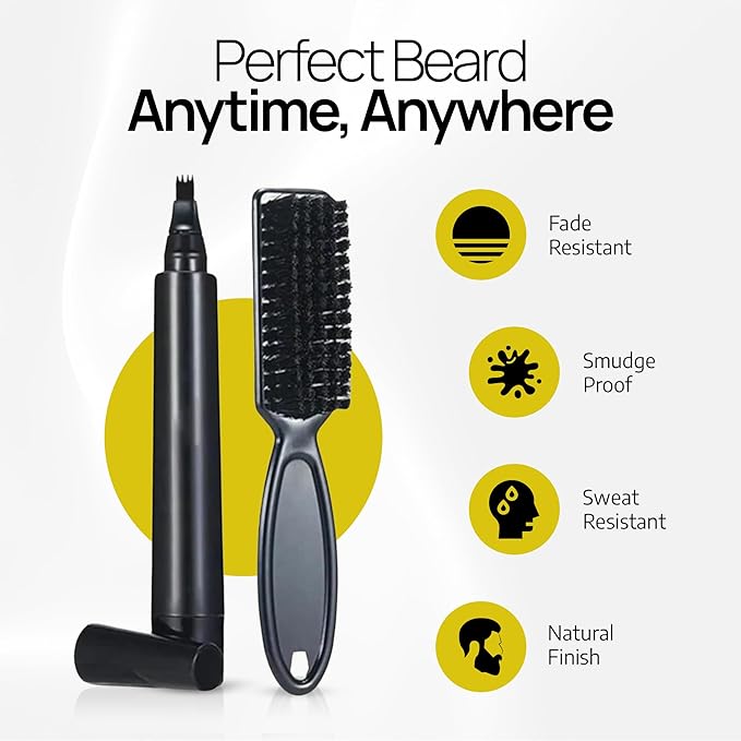 Beard Filler Pen (4-Tip) - Black Beard Pencil Filler for Men Waterproof Patchy Beard Solution - Beard Filler Kit Long Lasting Beard Filling Pen with Brush