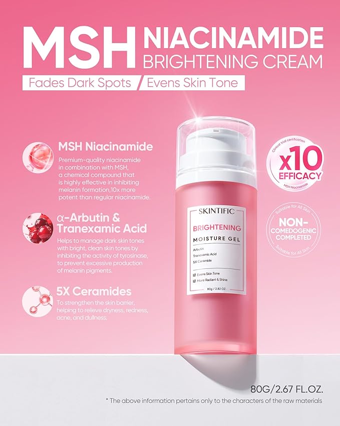 MSH Niacinamide Brightening Cream,Fades Dark Spots, Evens Skin Tone, Tranexamic Acid, α-Arbutin, 5X Ceramides, Centella Asiatica, Suitable for Oil and Acne-prone skin, 2.67 fl.oz / 80g