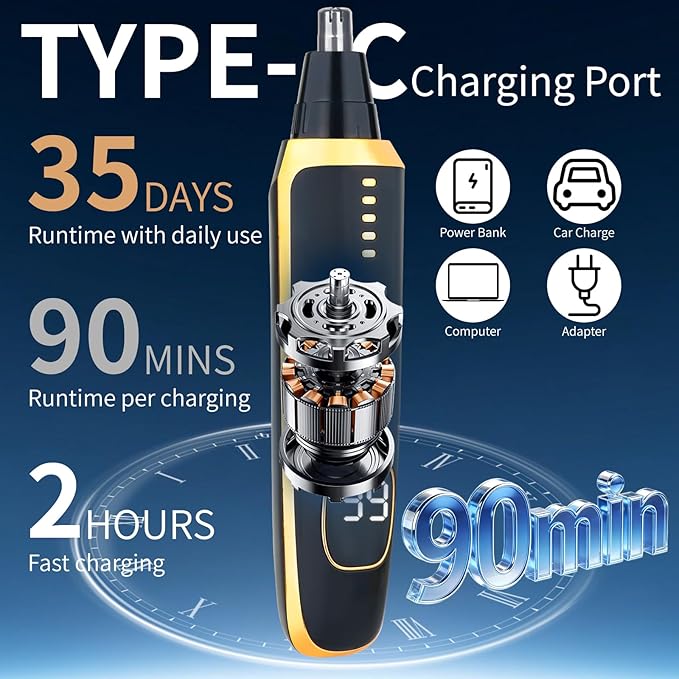 LED Display Ear and Nose Hair Trimmer Clipper for Women Men,2026 Rechargeable 2 in 1 Painless Eyebrow & Facial Hair Trimmer with Powerful Motor and Dual-Edge Blades Easy Cleansing