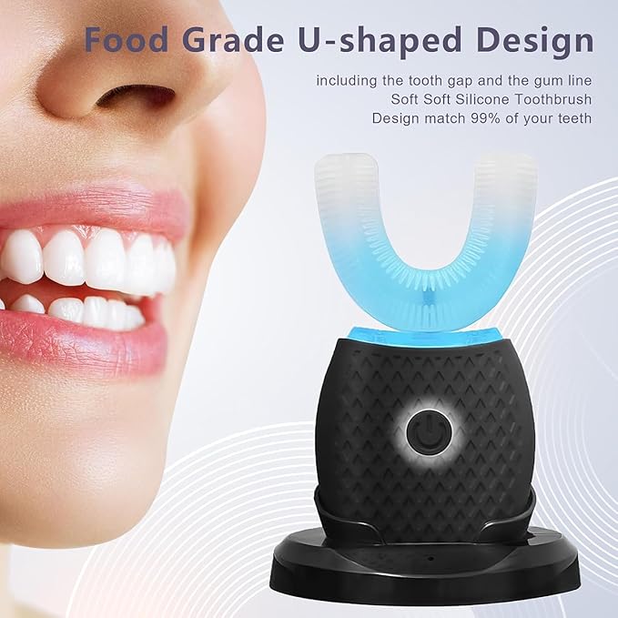 Smart U-Shaped Ultrasonic Toothbrush for Adults: 360° Full Mouth Cleaning with Auto Rotation, Smart Pressure Sensor & LED Light, Includes Foam Mousse, 4 Brush Heads and Charging Base (black)
