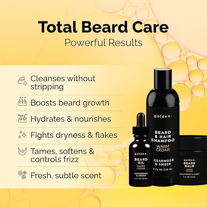 Golden Grooming Co. Everyday Beard Bundle – Complete Beard Care Set | Includes Beard Oil, Balm & Shampoo (XL, Warm Cedar)