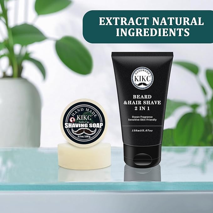Shaving Soap and Shaving Cream Kit,Sandalwood Scent Shave Soap for Men,Shave Cream with Ocean Fragrance, a 3.5oz Soap, a 2 in 1 Shave Cream 150ml for Wet Shaving