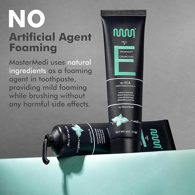 MasterMedi Nano Hydroxyapatite Whitening Toothpaste with Xylitol, Charcoal & Spearmint – Fluoride & SLS Free, Remineralizing Formula for Sensitive Teeth, Enamel Repair, 4 oz (Pack of 2)