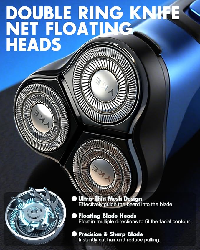 Electric Razor for Men with Pop-up Trimmer, 3D Floating Cordless Electric Shaver, Rechargeable Cordless Shavers for Men, Type-C, Long Runtime, Plug & Play, Blue