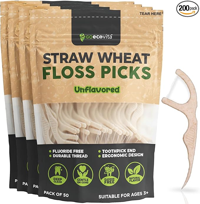 Dental Floss Picks - Straw Wheat Flossers | Thin & Shred-Resistant Thread for Tight Gaps | Flossers for Adults | Gentle on Gums & Teeth | Gluten-Free & Vegan (200 Pack, Unflavored)