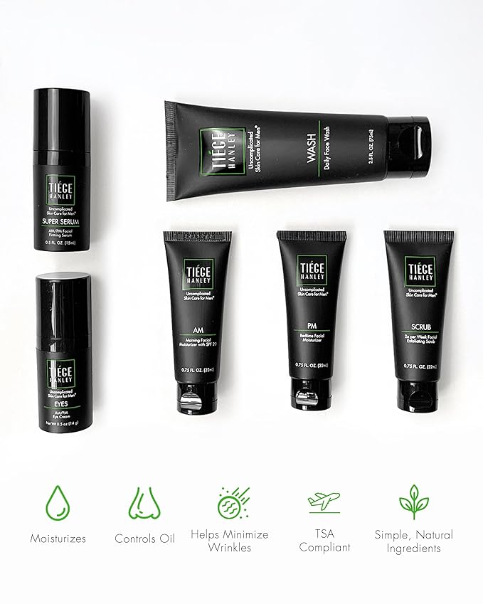Tiege Hanley Skin Care Set for Men, Anti Aging Routine, System Level 3, Daily Face Wash, Facial Scrub, Two Moisturizers, Eye Cream, and Serum for Healthy, Hydrated Skin, Men’s Skin Care, 6 Piece Kit