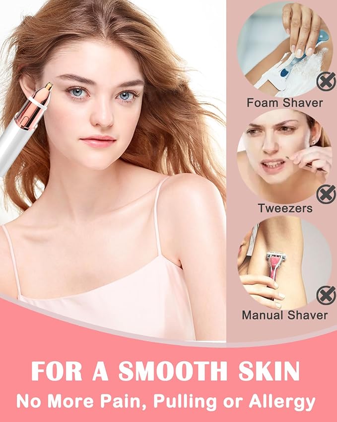 Facial Hair Remover and Eyebrow Trimmer - 2 in 1 Facial Hair Removal Epilators for Women - Rechargeable Travel Face Hair Razor Bikini Shaver for Face Peach Fuzz Lips Chin Armpit Body (White)