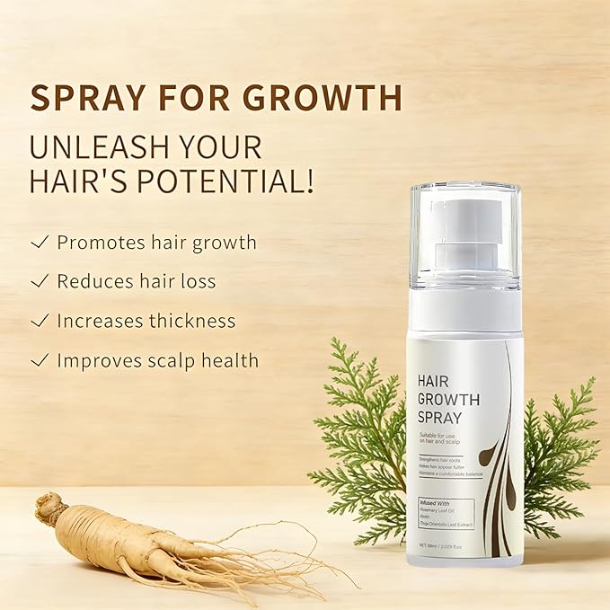 Hair Growth Spray with Rosemary Oil ，Biotin，Thuja OrientalisLeaf Extract, Non-Greasy, Helps Prevent Hair Thinning Hair Loss, for Scalp, 60ml Bottle
