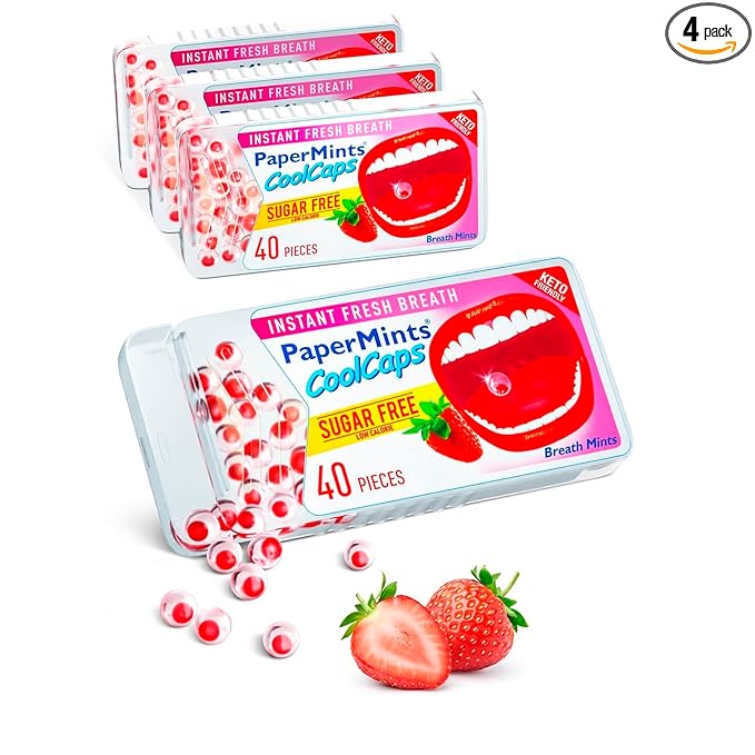 PaperMints CoolCaps - Instant Fresh Breath Mints Sugar-Free 4 Pack - 160 capsules. Extreme Bad Breath Treatment for Adults, Breath Freshener Pearls for Halitosis Treatment Keto-Friendly Strawberry