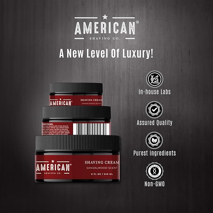 American Shaving Co. Sandalwood Shaving Cream For Men 8 Oz, Made in USA, Easy Application, Quality Potent Ingredients, Long-Lasting, Non-GMO, GMP Certified, Cruelty-Free Products