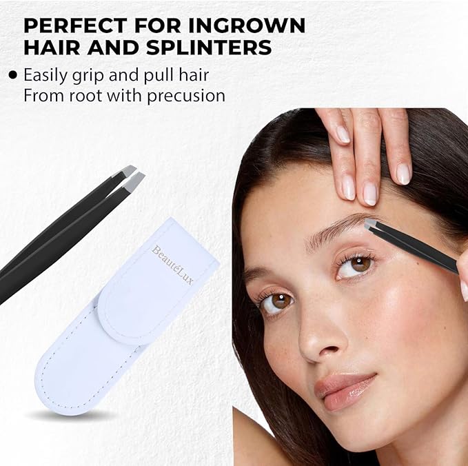 Premium Slant Tip Eyebrow Tweezer (Black), Stainless Steel Precision Tweezers for Men & Women, Facial Hair Removal with Leather Case