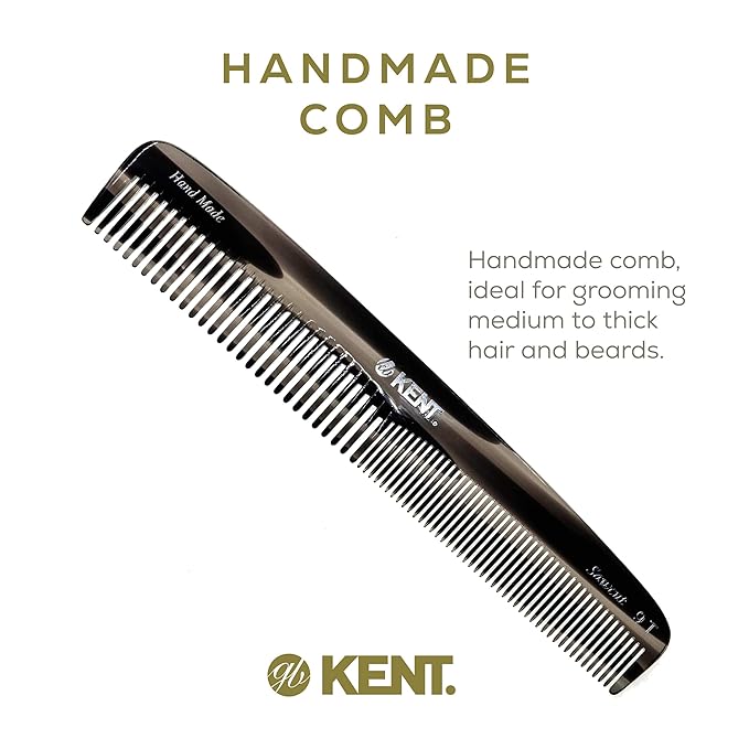 Kent 9T Black Graphite Fine Tooth and Wide Tooth Detangler Hair Combs - Large Handmade and Saw-Cut Dressing Comb - Wet Hair Comb for Women and Durable Grooming Comb for Men Made in England
