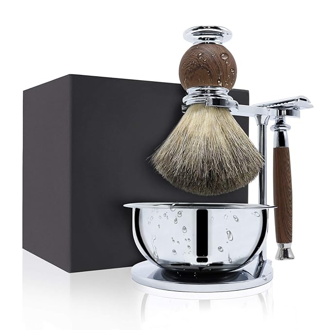 Jolitac Wet Shaving Kit For Men - Badger Hair Shaving Brush, Shaving Stand, Stainless Steel Shaving Bowl Mug, Double Edge Safety Razor, Men's Safety Razor Grooming Gift Set (Wood)