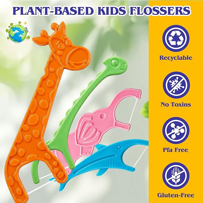 120 Count Kids Flossers,Fun Floss Sticks Fluoride & PFA Free Toothpick Flossing Sticks,4 Cute Animal-Shaped Dental Floss Picks for Kids,Non Toxic Floss with Anti-Slip Handle