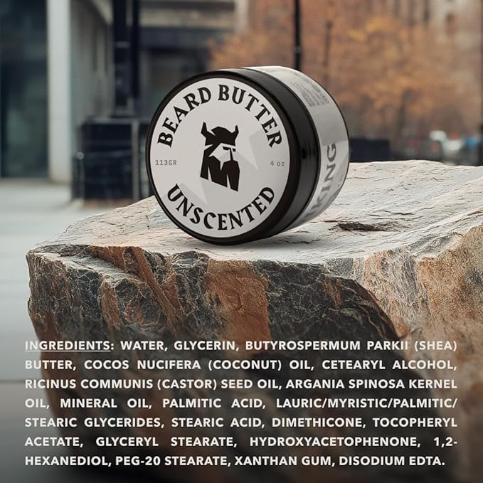 Striking Viking Unscented Beard Butter for Men - 4 Oz Cream - Unscented Beard Cream for Men with Non-Greasy Formula - Hydrating Balm