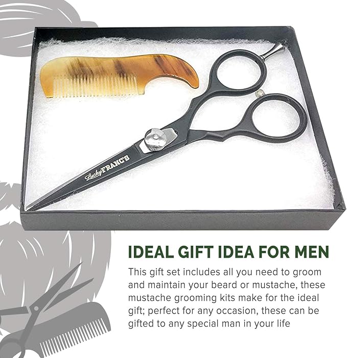 Lucky Franc's Beard Grooming Kit with Japanese Beard Scissors & Ox Horn Handmade Mini Beard Combs for Men. Mustache Trimming Kit with Mustache Hair Scissors and Comb for Men. Handmade Beard Care Kit