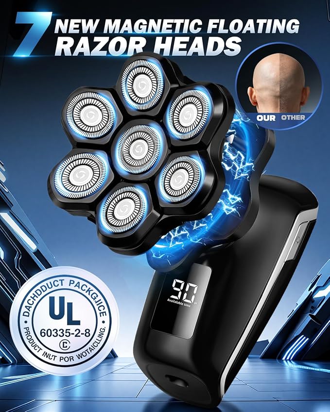 Head Shavers for Blad Men, 7D Floating Blades Electric Head Shaver, IPX7 Waterproof Wet Dry Bald Head Shaver, Magnetic Detachable Rechargable Head Shavers, Gifts for Man Male Father Husband