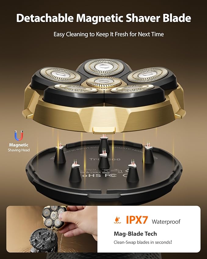2026 New Head Shaver for Bald Men - Trimcoo 5-in-1 Magnetic Electric Trimmer with Titanium Blades | Gentle on Sensitive Scalp | IPX7 Waterproof, Powerful 8500 RPM, USB-C Charge & LED Display (Gold)