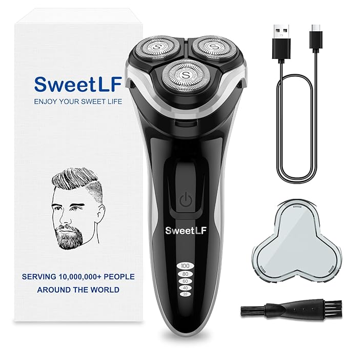 SweetLF Electric Razor for Men, 120 Min Shaving, (1H Charging),100% Waterproof, Wet & Dry Rotary Electric Shaver with Pop-up Trimmer,Type-C Rechargeable Cordless Shavers for Men
