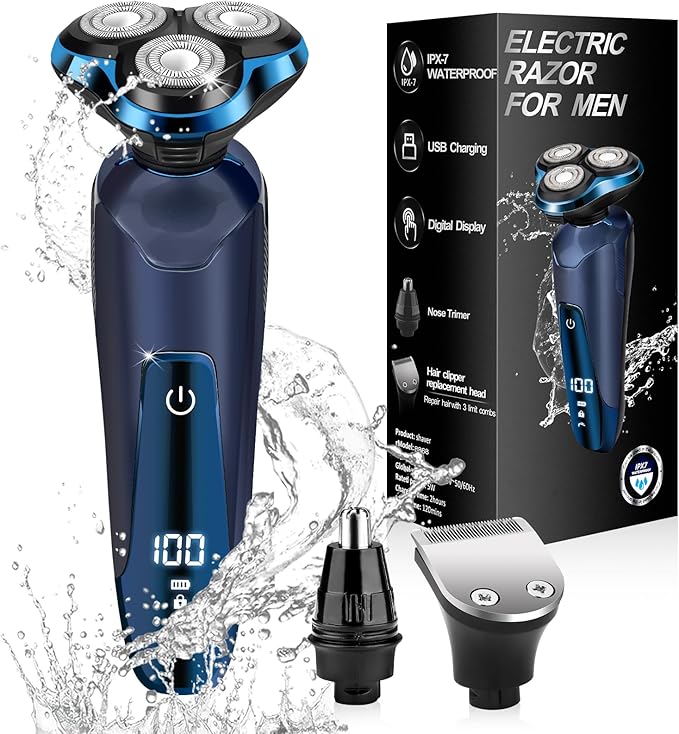 Electric Razor for Men, Electric Shavers for Men Face, Rechargeable 3D Rotary for Shaving with Nose Trimmer Face Cleaning Brush Head Shavers, Waterproof Gifts for Husband,Dad,Boyfriend(Frosted Blue)