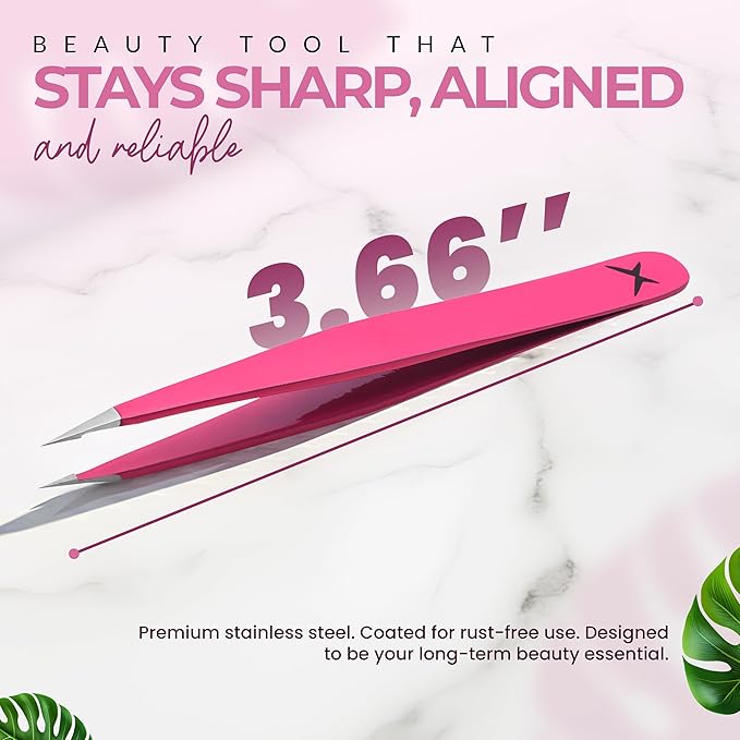 Pointer Stainless Steel Tweezers Women & Men Precision Eyebrow Tweezers for Facial Hair, Fine Tip Strong Grip Professional Tweezer for Eyebrow Shaping, Ingrown Hair & Splinter Removal (Neon Pink)