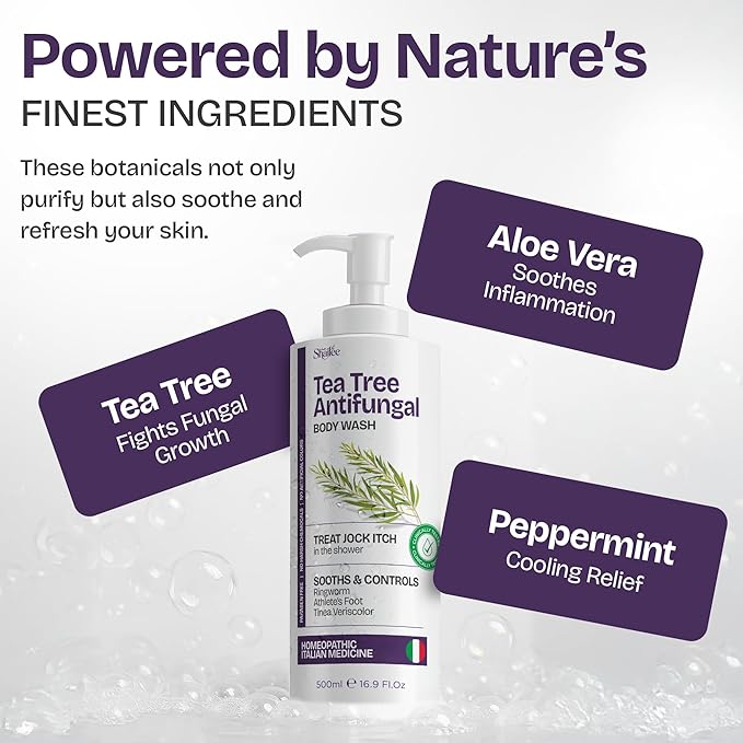 Antifungal Tea Tree Body Wash - Eczema Body Wash, Jock Itch, Back Acne, Ringworm Treatment for Humans | Antifungal Soap For Men & Women with 1% Tolnaftate & Tea Tree Oil - 16.9 oz