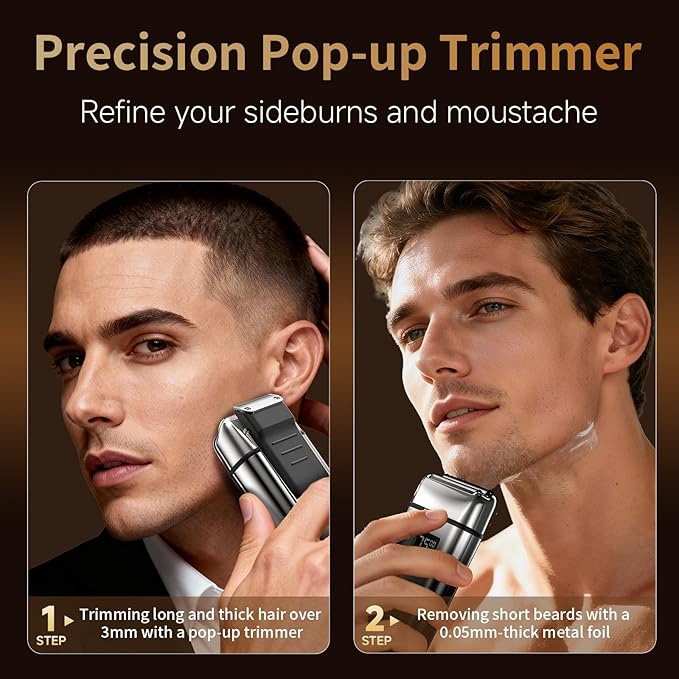 Electric Foil Shaver for Men,Electric Razor with Pop-up Trimmer,Cordless Beard Trimmer,Waterproof,Wet & Dry Shaving,LED Display,2-Speed Mode (Silver)