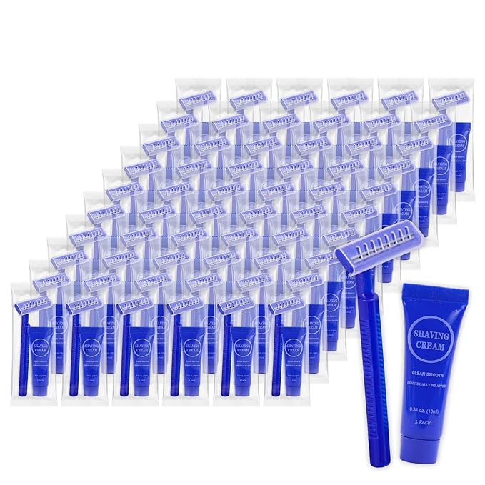 Disposable Razor Shaving Cream Set, Individually Wrapped Manual Twin Blade Shaving Razors in Bulk with Mini Smooth Shaving Cream Toiletries for Hotel Charity Camping Travel Homeless 0.34oz (60 Pack)