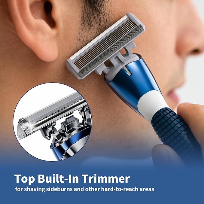 6-Blade Razor Refill Cartridges 12 Count, Professional Razor Blades for Men with Lubricating Strip, Wall Hook & Cleaning Brush Included for Smooth Shaving with Matching Handle
