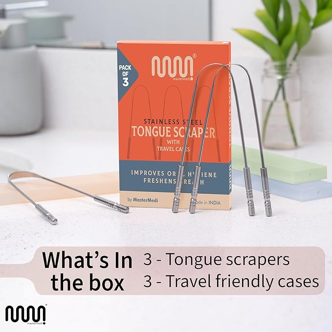 MasterMedi Tongue Scraper for Adults, 100% Stainless Steel Scrubber for Bad Breath, Easy to Use, Tongue Cleaner for Oral Care & Hygiene Set of 3 (with Travel Case)