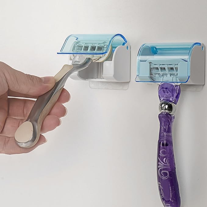 LUEXBOX 2 Pack Razor Holder with Cover for Shower Wall, Self Adhesive Razor Stand Shaver Organizer, Plastic Razor Hanger Hooks Compatible with Fusion 5 Proglide, Mach 3 Classic (Clear Blue)