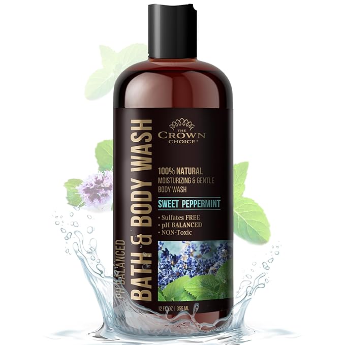 Natural Body Wash for Women, Men & Kids - Peppermint & Lavender - 12oz pH 5.5-Best pH Balance-Liquid Soap for All Skin Types-Moisturizing Sulfate & Chemical Free Shower / Bath Liquid Gel (1 PK)