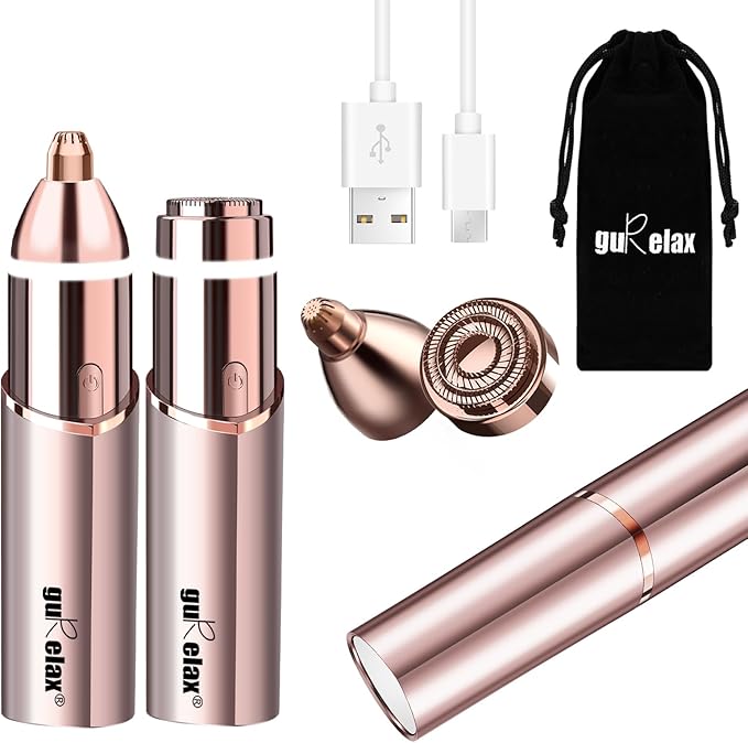 Gurelax Eyebrow & Facial Trimmer: 2-in-1 Electric Facial Hair Removal & Eyebrow Shaver (Built-in Mirror), Face Razor for Women with 2 Replacement Heads