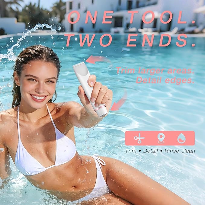 Bikini Trimmer for Women, Dual-Ended Electric Razor Personal Shaver for Bikini Line & Pubic Hair, Waterproof USB-C Rechargeable Body & Face Trimmer for Underarms & Legs (Ivory White)