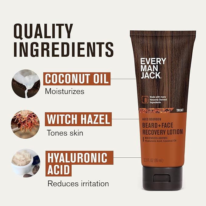 Every Man Jack Beard + Face Recovery Lotion - Moisturizes Relieves Dry Skin and Beard Itch - Light Aged Bourbon Scent - Made w/Naturally Derived Ingredients like Coconut Oil, and Witch Hazel - 3.2 oz (2 Pack)