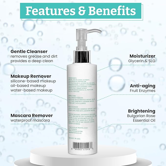 RenLee® 3-in-1 Cleansing Gel with Rose Essential Oil Made in USA, Face Wash for Women & Men, Makeup Remover, Face Painting Remover, Perfect for Kids and Teens (10-12). Moisturize All Skin Types