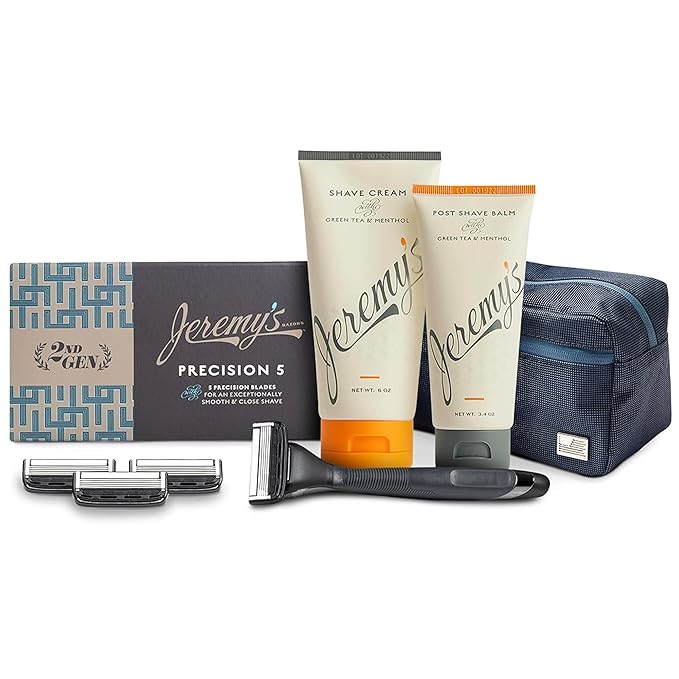 Jeremy’s Razors for Men, Precision 5 Shaving Kit, 4 Razor Cartridges, Shave Cream 6oz with Aloe + Cocoa Butter, Post Shave Balm 3.4oz, Ergonomic Grip Handle, Travel Bag, 8 Piece Set