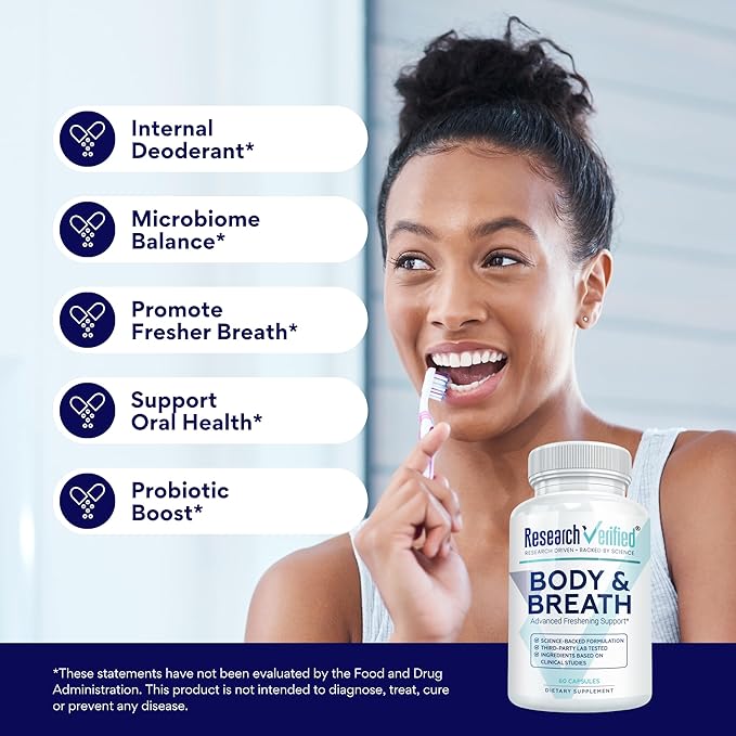 Research Verified Body & Breath Natural Deodorant & Freshener - Bad Breath & Body Odor Supplement - 60 Count (3 Months Supply)
