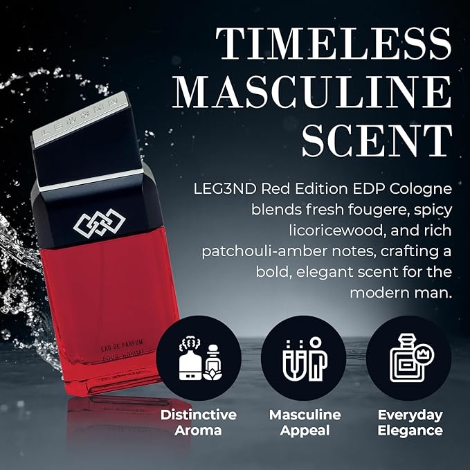 LEG3ND Men's Cologne Eau de Parfum Spray - 3.4oz/100ml Long-Lasting Scent with Elegant & Sleek Glass Bottle - Fragrance for Men with Luxurious Patchouli & Woody Notes (Red Edition)