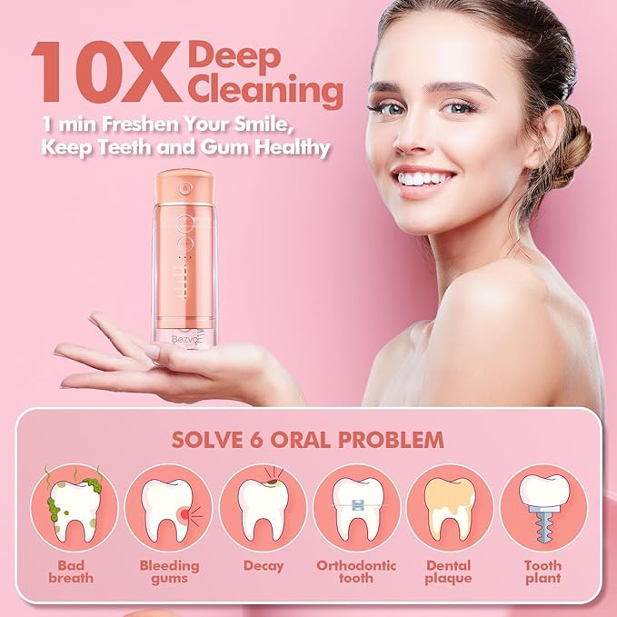 Water Flosser Mini Cordless Portable: 5 Modes Travel Water Dental Floss with Telescopic Water Tank, IPX7 Waterproof Oral Irrigator for Teeth Cleaning Gums,Orthodontic,Braces Dental Care (Peach Fuzz)