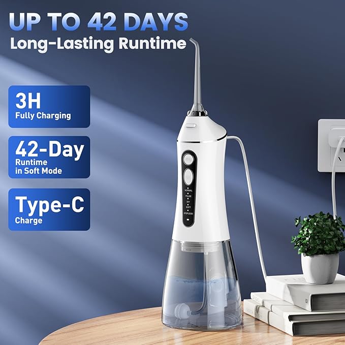 Water Flosser for Teeth Cleaning and Flossing, 5 Modes Rechargeable Cordless Oral Irrigator 320ml Water Tank Teeth Cleaner, IPX7 Waterproof Portable Electric Dentel Flossers for Home and Travel,White