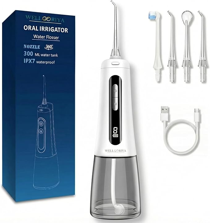 Cordless Water Dental Flosser – Power Dental Flosser for Teeth & Gums, 9 Pressure Levels, 300mL Tank, USB-C Rechargeable Oral Irrigator, IPX7 Waterproof for Braces & Travel – Wellooriya (White)
