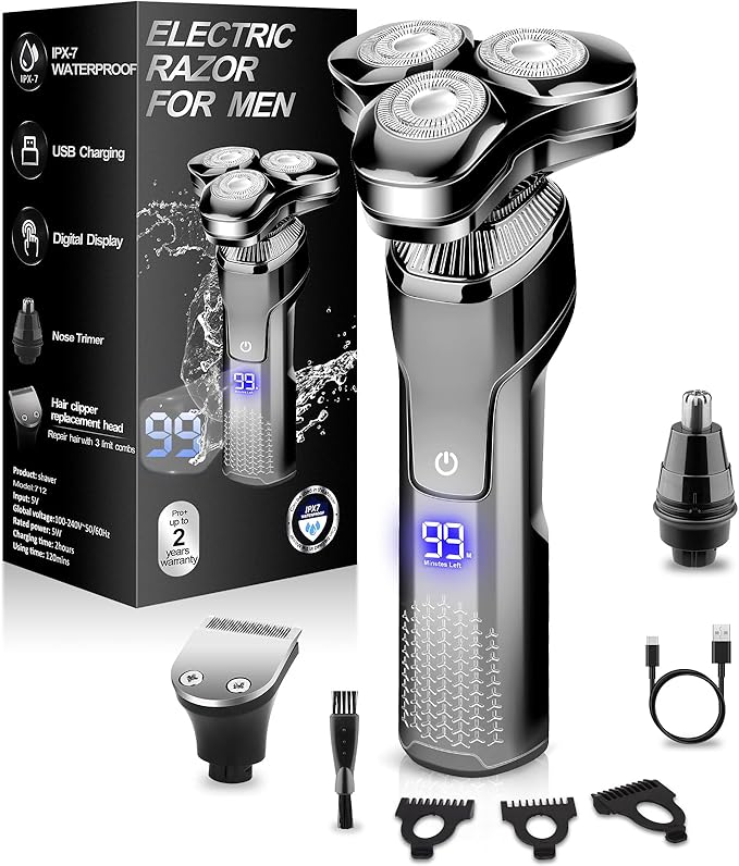 Men's Electric Razor, Upgraded 4D Floating Magnetic Blade Head Rotary Shaver, 3-in-1 Multifunctional for Beard/Nose/Sideburns, IPX7 Waterproof Rechargeable Cordless Shaver, Turbo Speed, Gift for Men