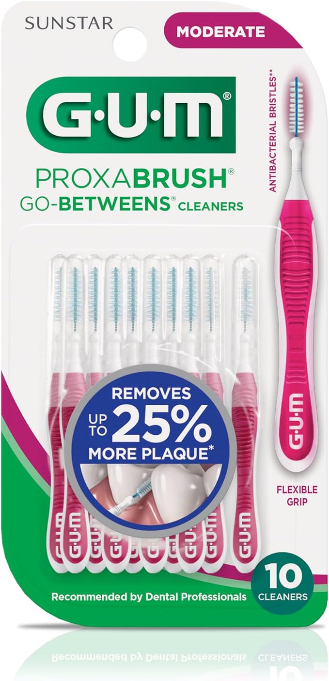 GUM Proxabrush Go-Betweens - Moderate - Interdental Brushes - Soft Bristled Dental Picks for Plaque Removal Health - Safe for Braces & Dental Devices, 10ct (Pack of 6)
