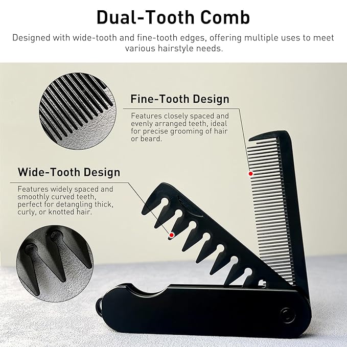 2-in-1 Men's Protable Folding Pocket Comb - Black, Fine & Wide Tooth Comb for Hair and Beard Grooming
