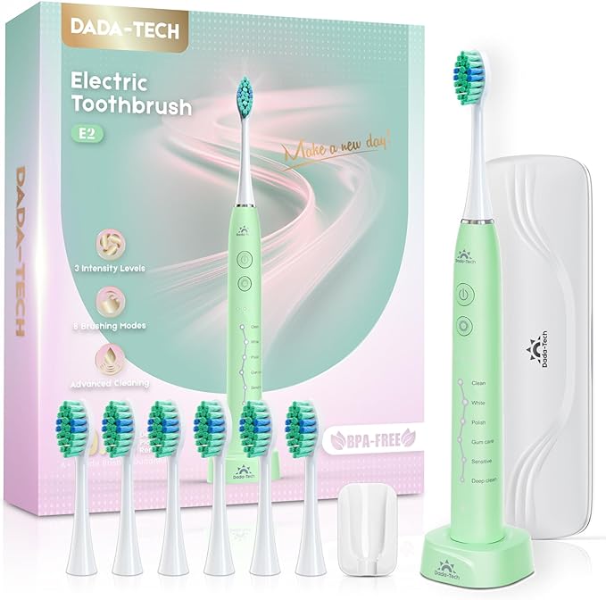 Electric Toothbrush for Adults Kids Electric Toothbrush Rechargeable Sonic Toothbrush Ultrasonic Toothbrush with Travel Case, Holder & 7 Brush Heads, 6 Modes & 3 Intensities, 2-Minute Timer (Green)