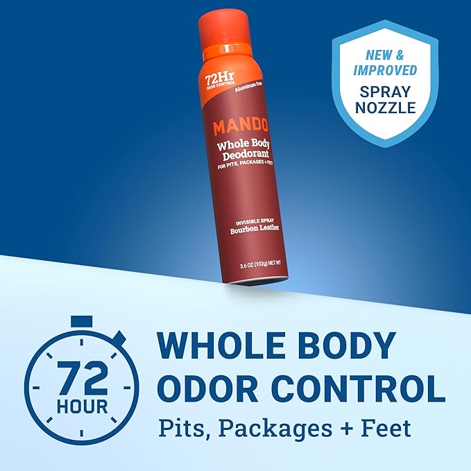 Mando Whole Body Deodorant For Men - Invisible Spray Deodorant - 72 Hour Odor Control - Low Irritation Formula - Aluminum Free, Benzene Free - 3.6 ounce Cans (Pack of 2) - Bourbon Leather