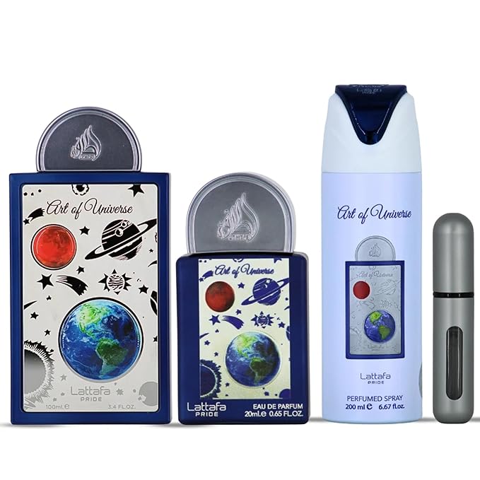 Lattafa Pride Art of Universe – Citrus, Fruity, Sweet, Amber – 3-Piece Gift Set for Unisex (3.4 oz Eau de Parfum Spray + 0.65 oz Eau de Parfum Spray + 6.67 oz Deodorant Spray)